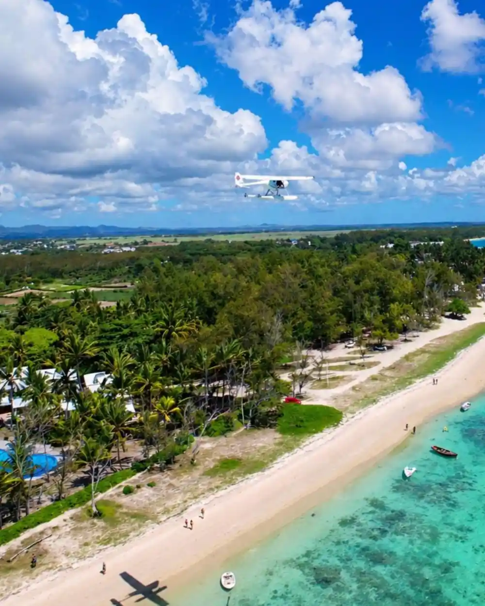 A coastal village strip from the air, palms along a long beach