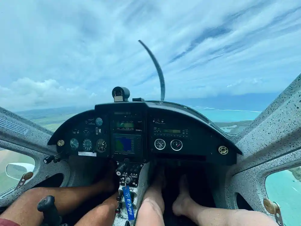 The cockpit: instruments, control stick and the pilot seat